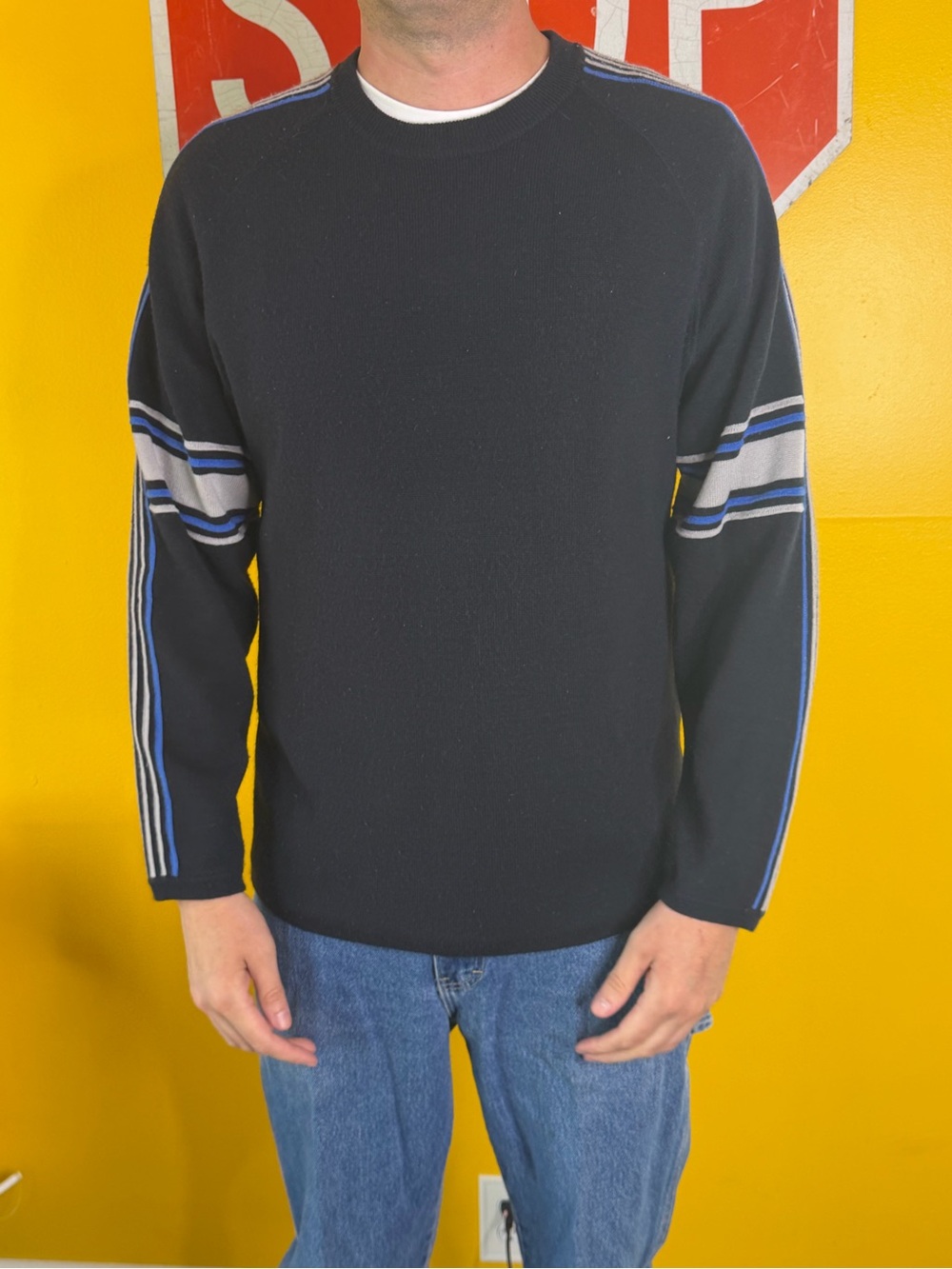 Vintage Unionbay Sweater Size Large black Stripe Crewneck Pullover Skate Y2K
